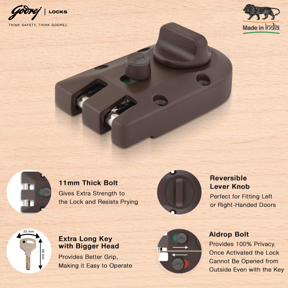 Godrej Rim Lock l Vertibolt Ultra XL plus   I 1CK Deadbolt l For Inside Opening, Double and Sliding Wooden Doors l Left or Right-Handed Doors l 4 Keys Manual Locking I Textured Brown Finish | 5-Year Warranty